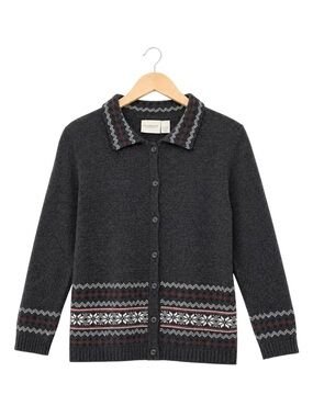VTG Womens Nordic Fair Isle Birds Eye Lambs‎ Wool Cardigan Small Cottage Winter